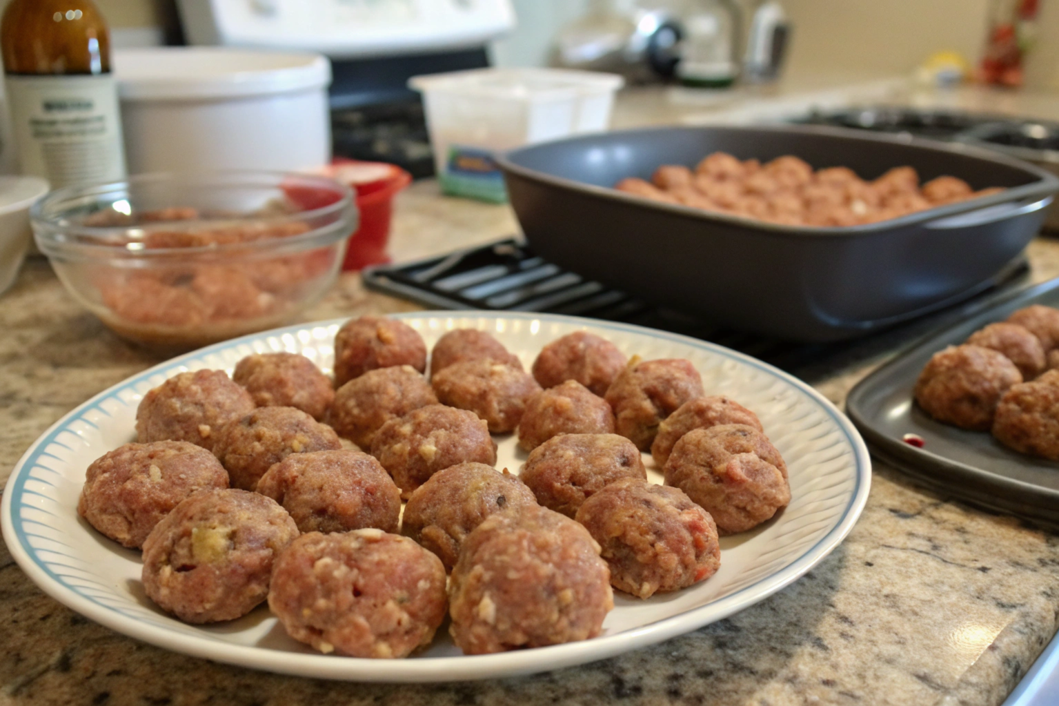 Sausage balls on a wooden tray left out at room temperature