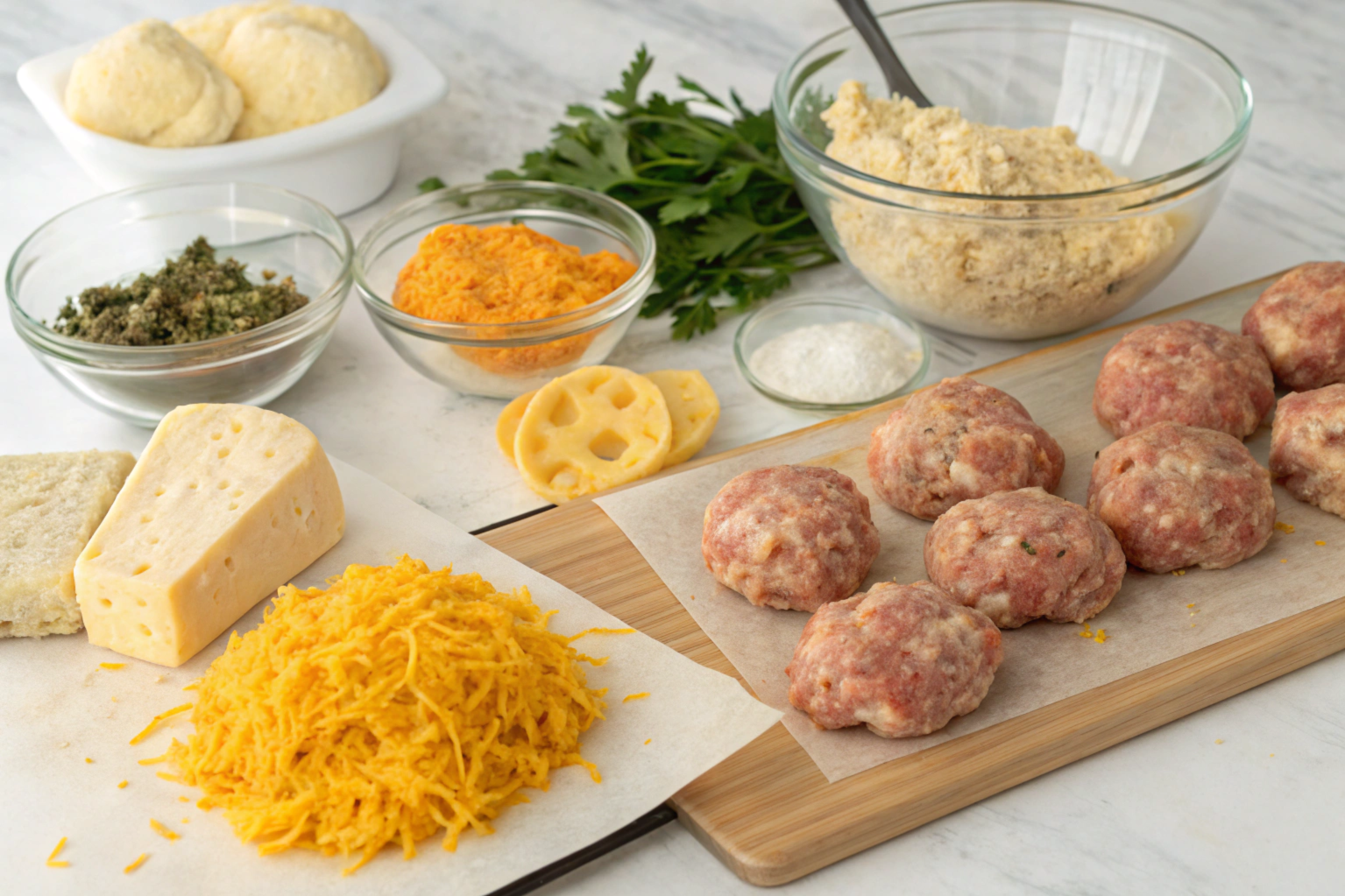 Ingredients used to make sausage balls, including sausage, cheese, and biscuit mix.