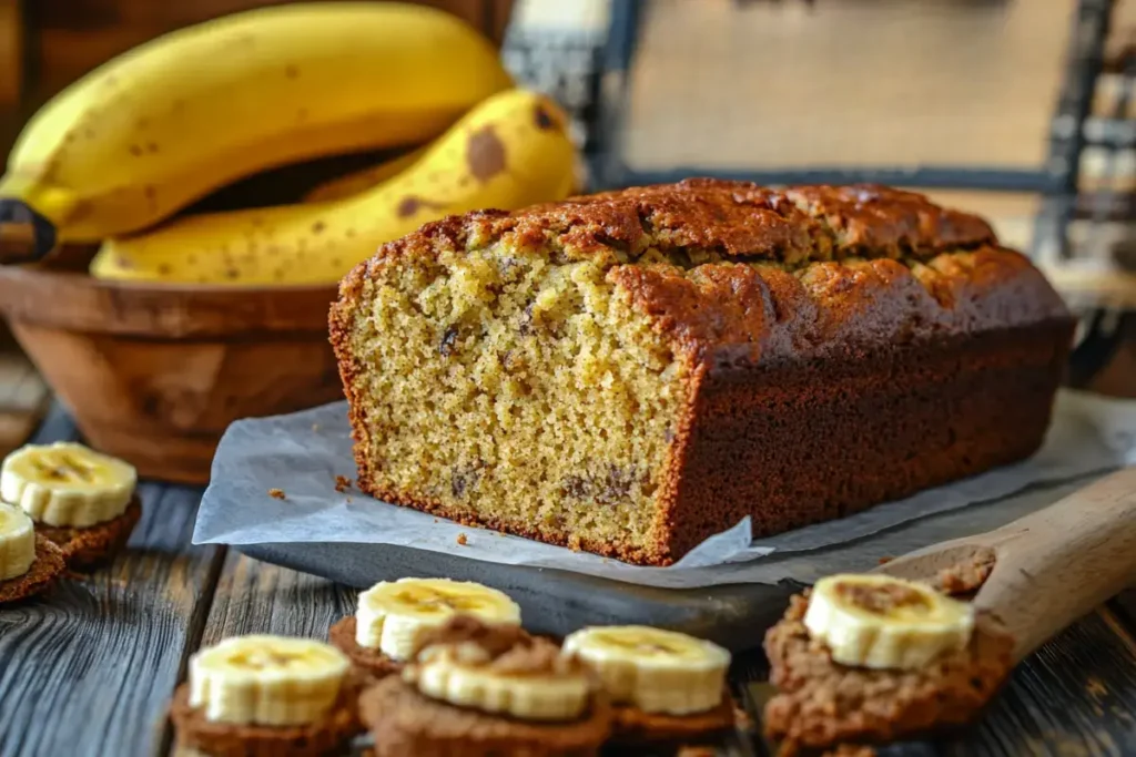 A moist slice of banana bread on a white plate