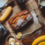 Moist banana bread with 2 bananas on a wooden cutting board