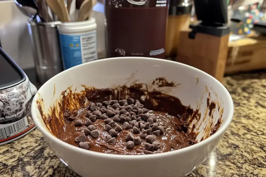 A spoonful of brownie batter with chocolate chips