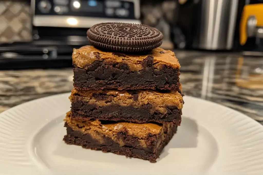 Layers of slutty brownies with cookie dough, Oreos, and brownies