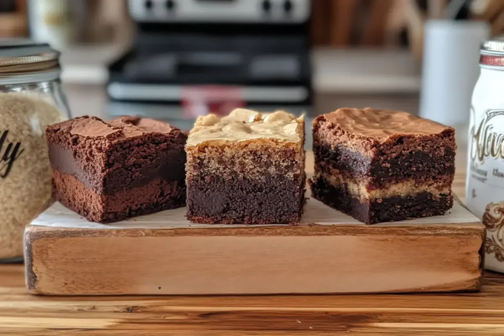 Three types of brownies - fudgy, chewy, and cakey on a wooden board