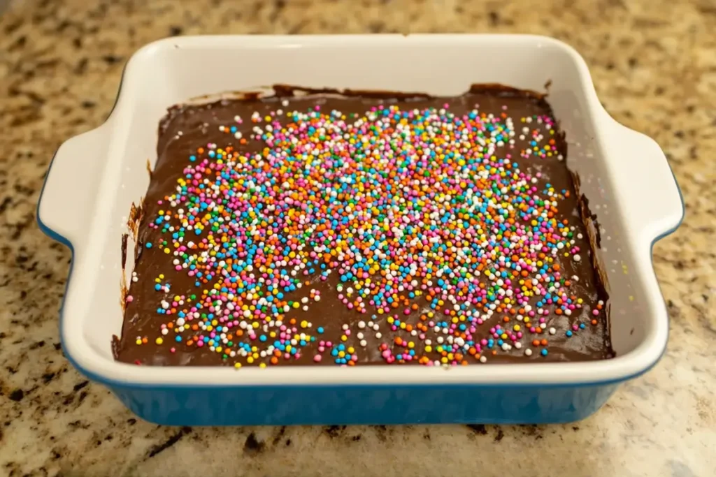 Brownies with colorful sprinkles on top before baking