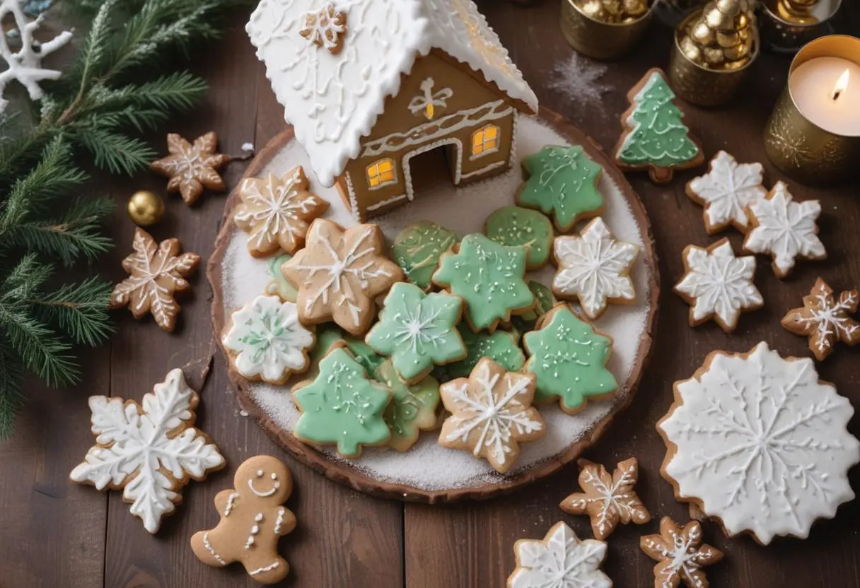 Top-down view of gluten free christmas cookies on a baking sheet