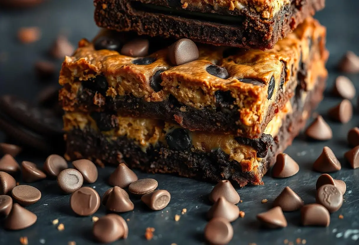 Layers of slutty brownies with cookie dough, Oreos, and brownies