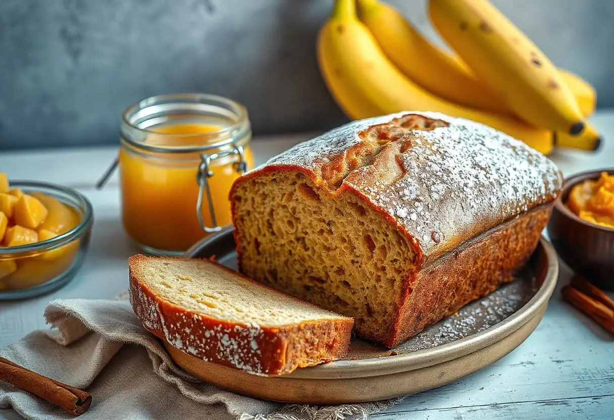 A freshly baked loaf of banana bread on a wooden cutting board, surrounded by ripe bananas.