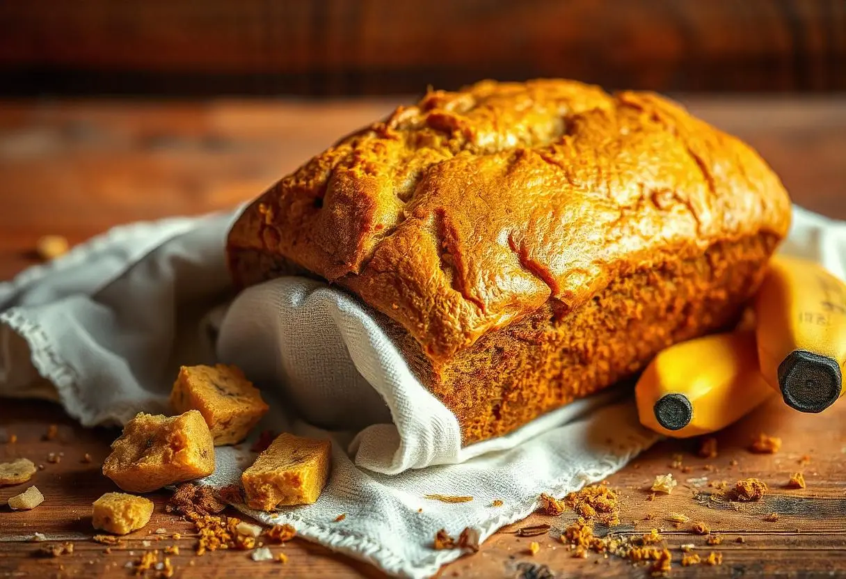 A moist slice of banana bread on a white plate