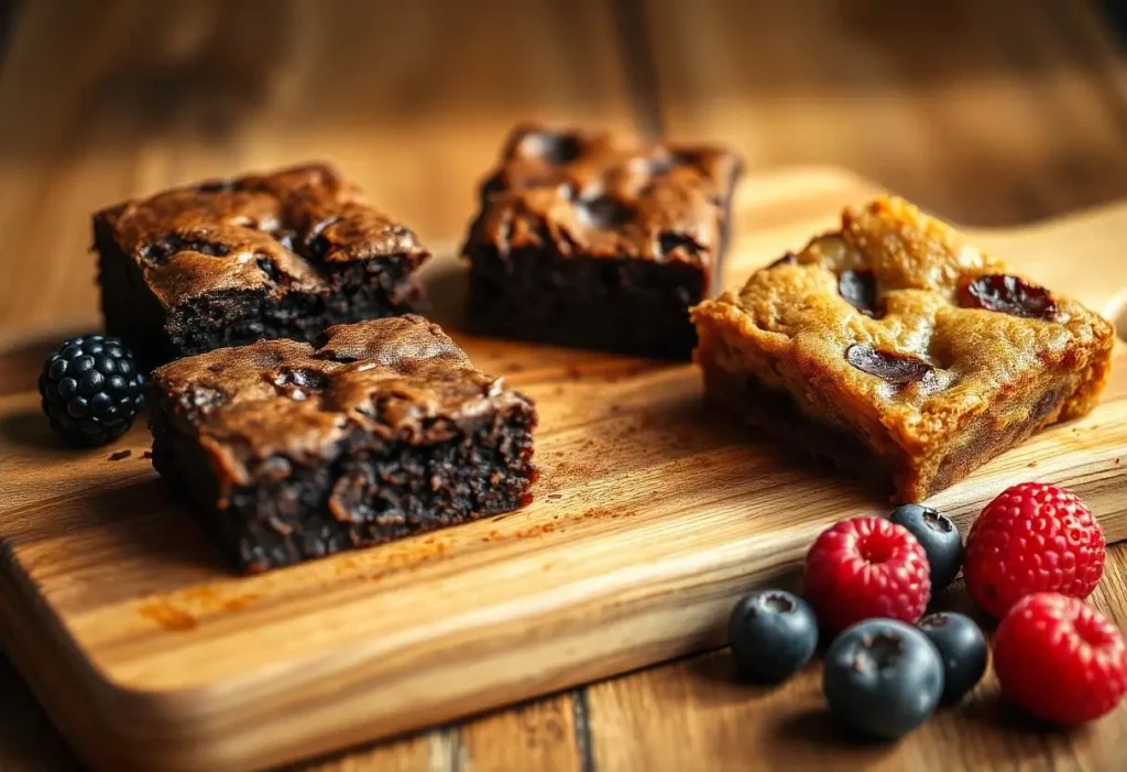 Three types of brownies - fudgy, chewy, and cakey on a wooden board