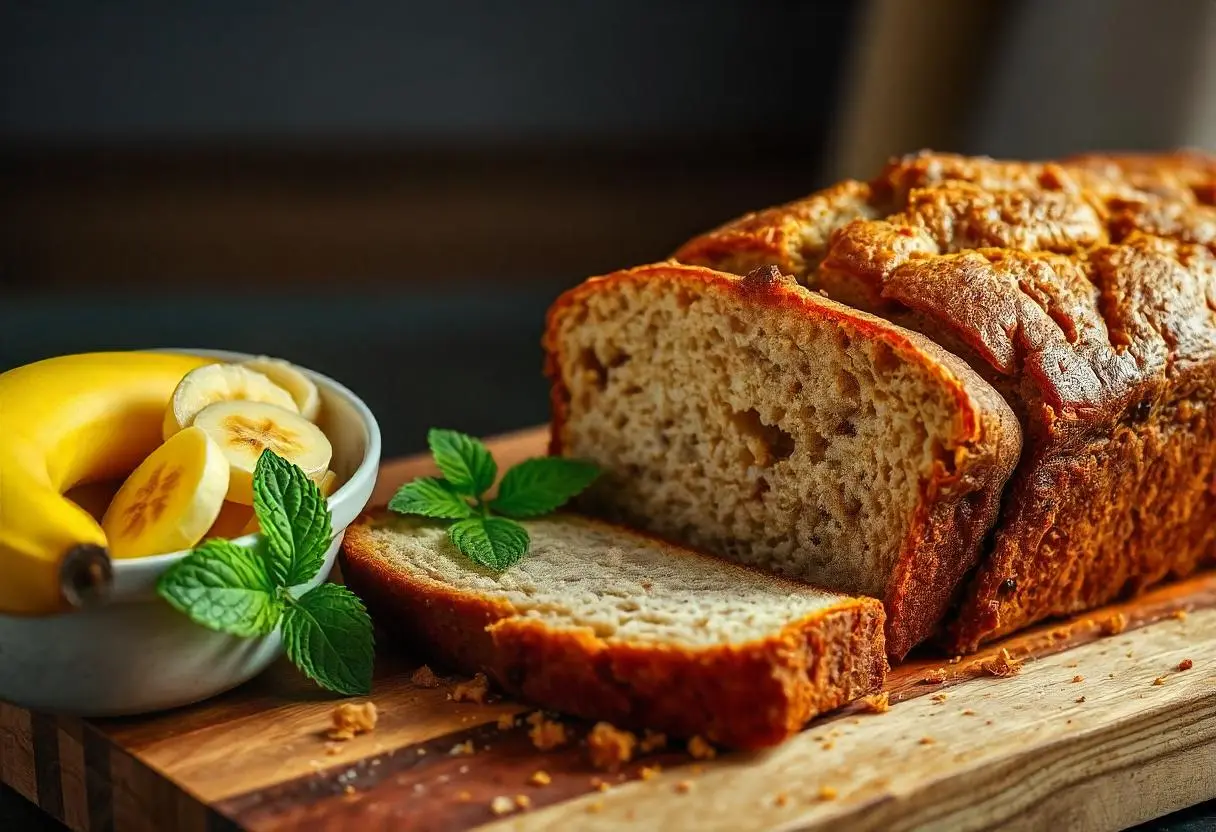 Moist banana bread with 2 bananas on a wooden cutting board