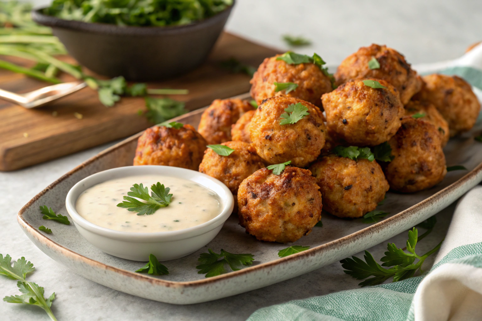 Cheddar Bay Sausage Balls served on a platter with dipping sauce.