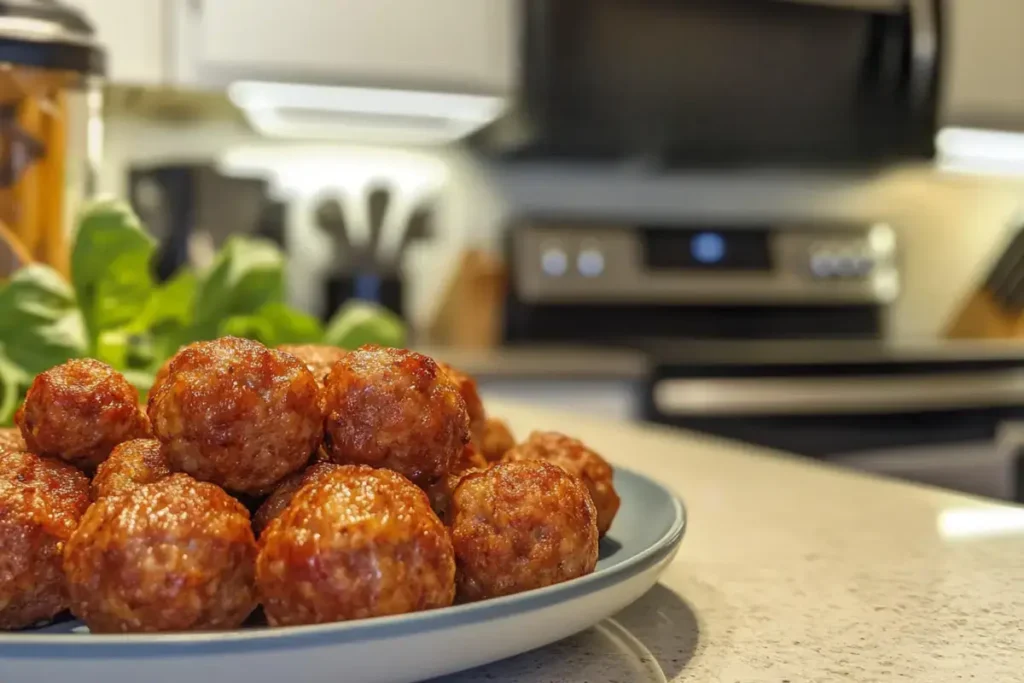 Sausage balls on a wooden tray left out at room temperature