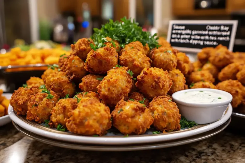 Cheddar Bay Sausage Balls served on a platter with dipping sauce.