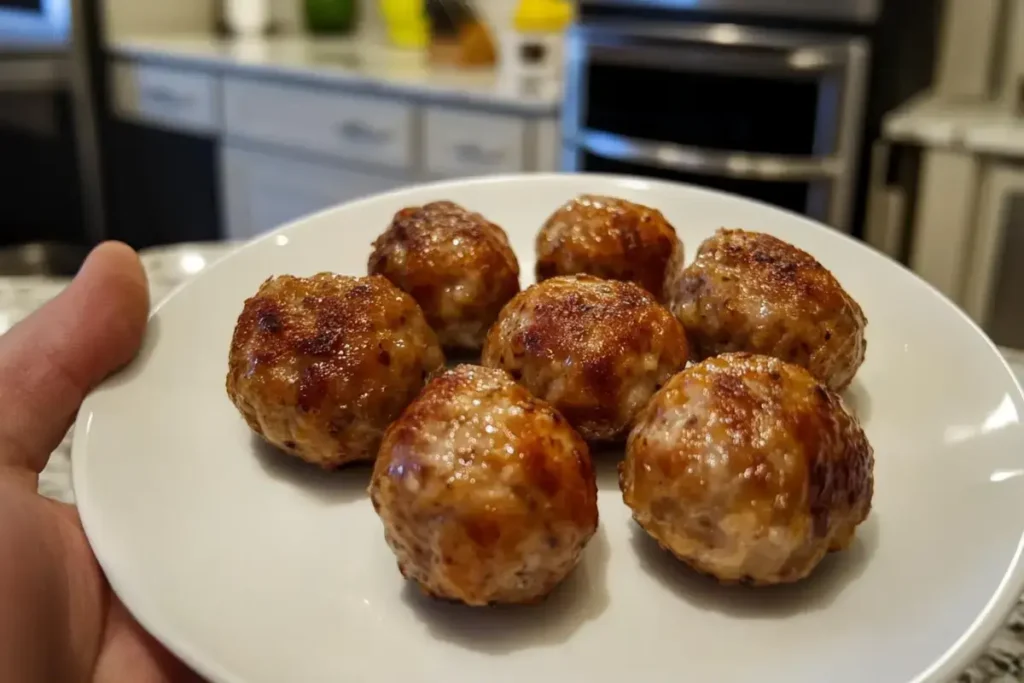 Four sausage balls on a white plate showing calorie content