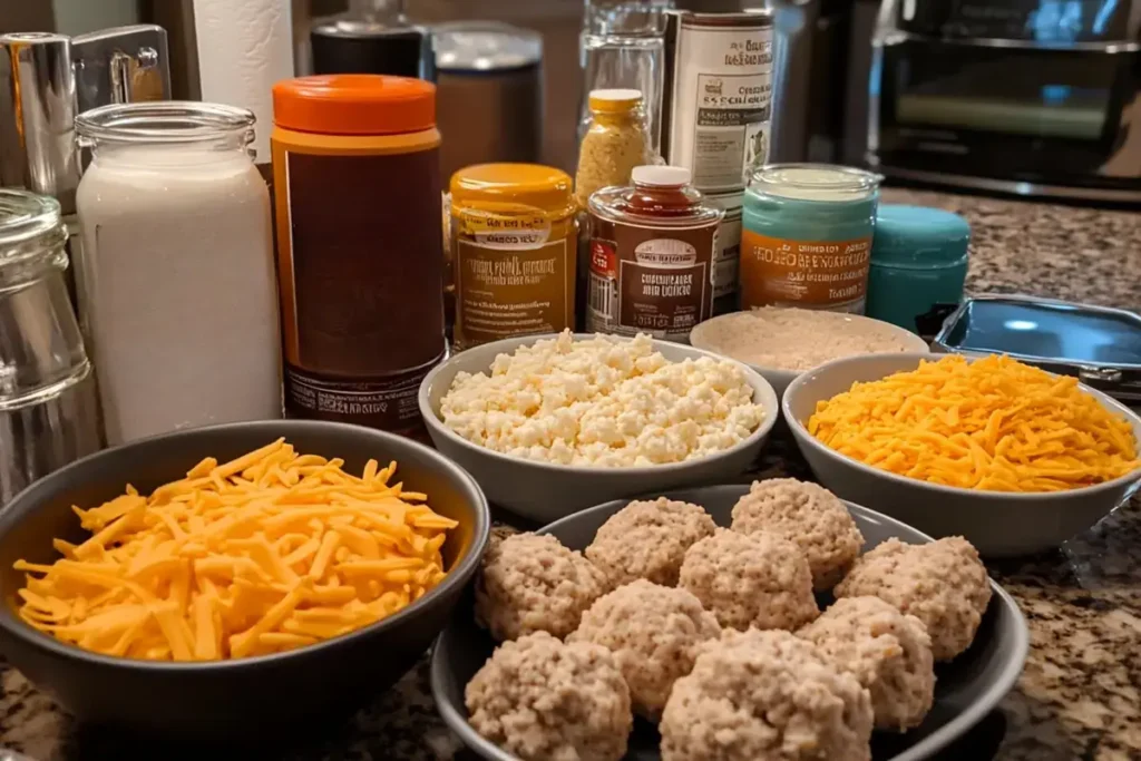 Ingredients used to make sausage balls, including sausage, cheese, and biscuit mix.