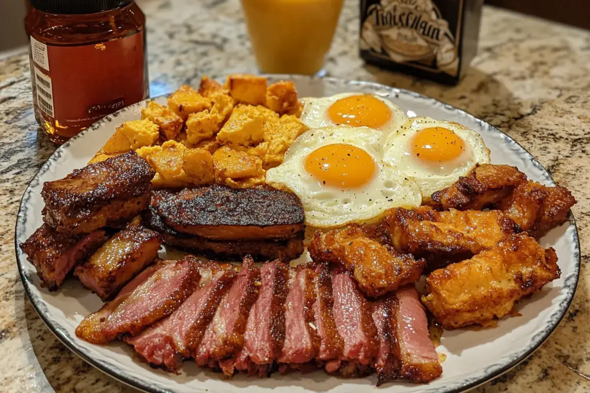 What breakfast meat is gluten-free? Crisp meat with fluffy eggs.