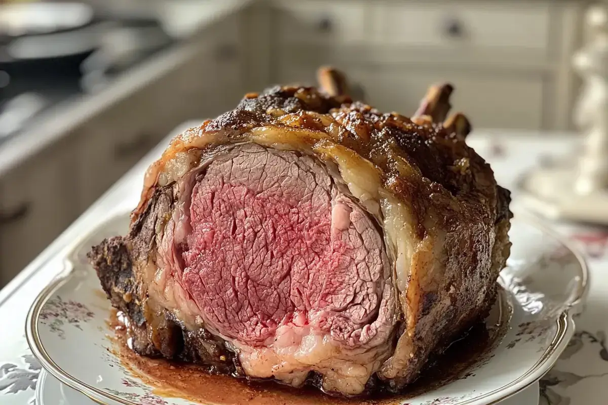 Juicy prime rib coated with binder, showing what is the best binder for prime rib.