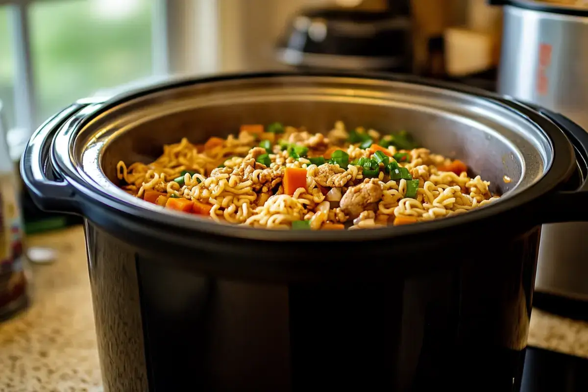 an you cook dry noodles in a crockpot? Overhead shot of slow-cooked pasta.