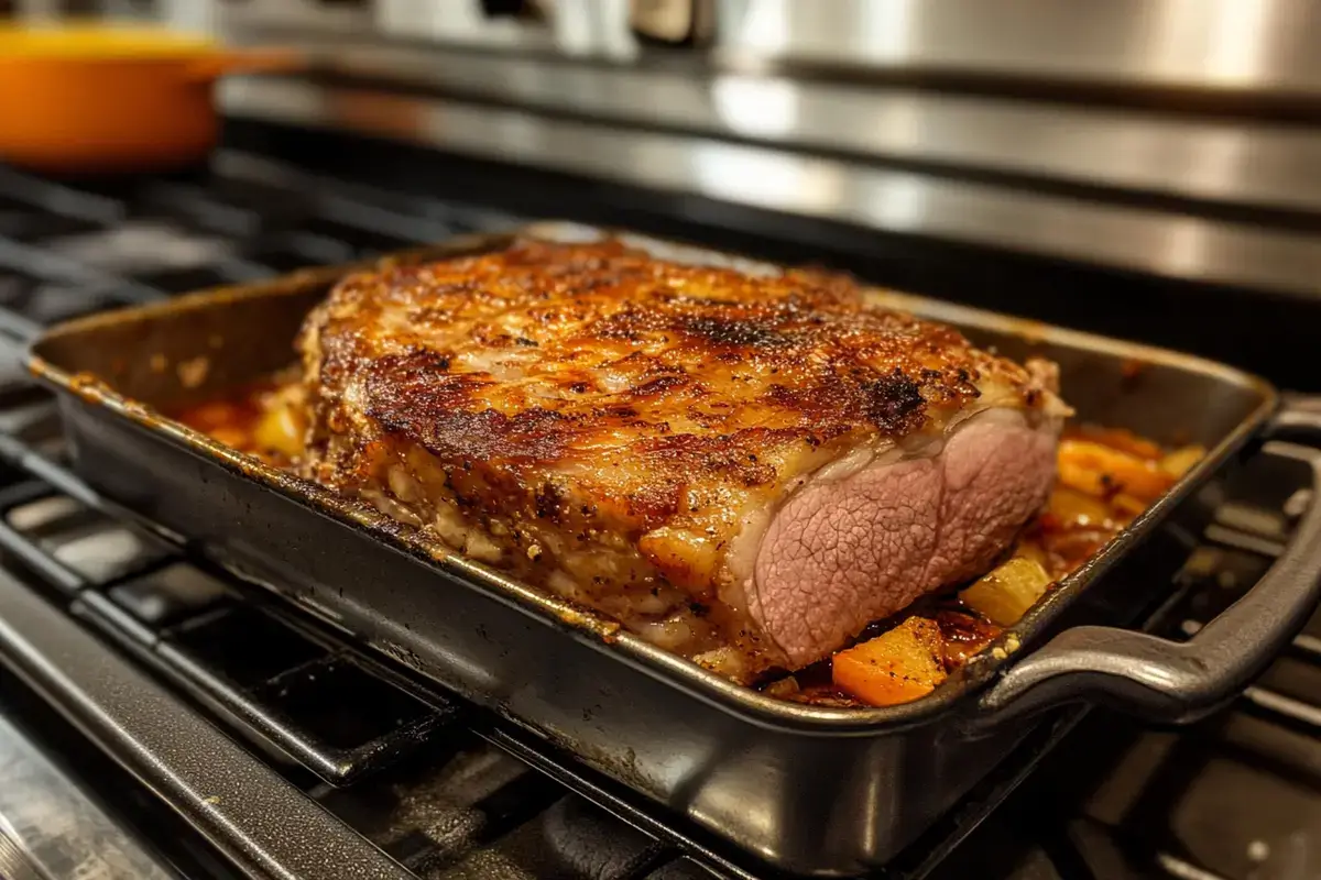 What is the secret to a good prime rib? Overhead shot of cooked prime rib in a kitchen.