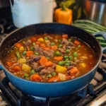 A steaming pot of old fashioned vegetable beef soup recipe featuring chunks of tender beef and vibrant vegetables