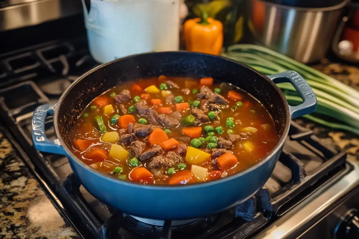 A steaming pot of old fashioned vegetable beef soup recipe featuring chunks of tender beef and vibrant vegetables