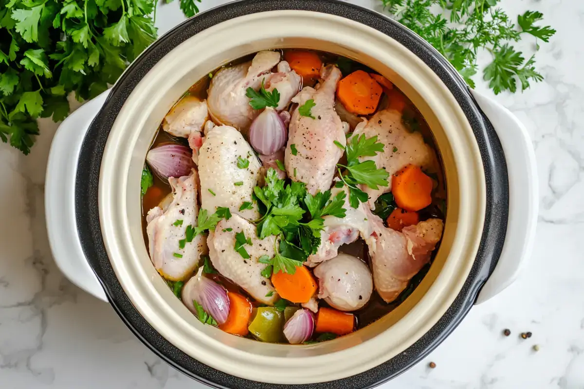 Can you just put raw chicken in a slow cooker? in a top-down view of a slow cooker with fresh ingredients