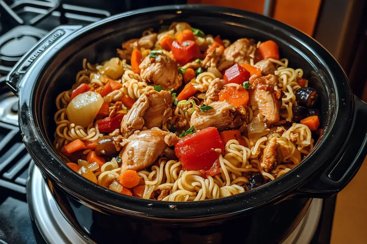 Hearty bowl of chicken and noodles crock pot with vegetables