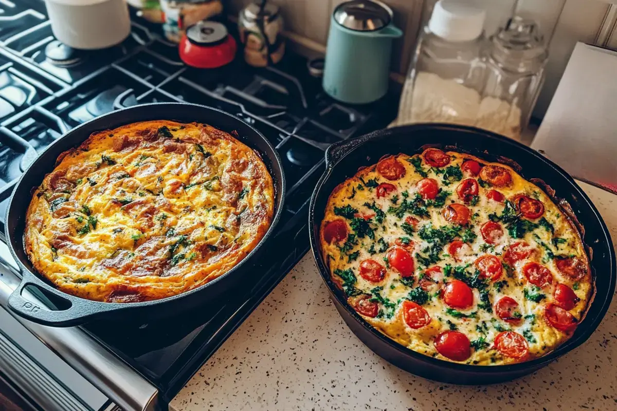 What’s the difference between a frittata and a breakfast casserole? Overhead view of both dishes on a kitchen countertop.