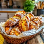 Ciabatta bread rolls on a kitchen countertop.