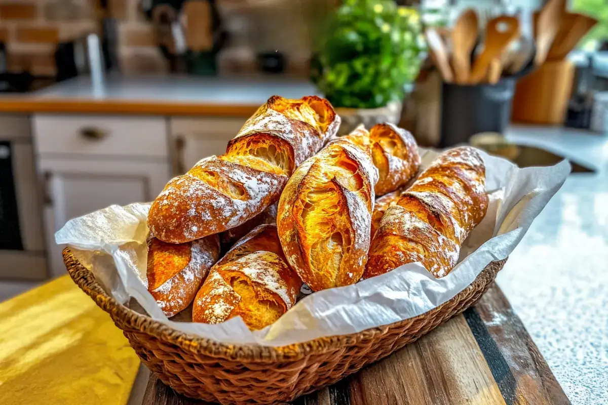 Ciabatta bread rolls on a kitchen countertop.