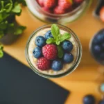 Creamy jar of what is the trick to overnight oats? topped with fresh berries in a home kitchen.