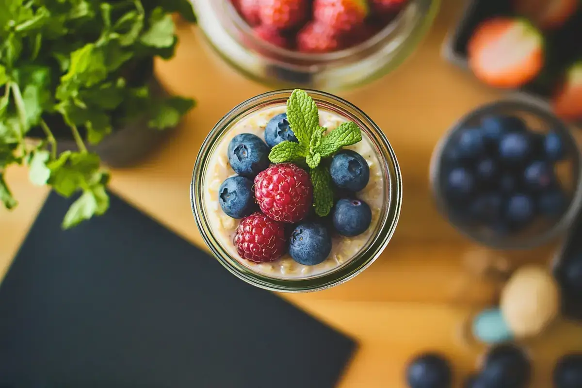 Creamy jar of what is the trick to overnight oats? topped with fresh berries in a home kitchen.