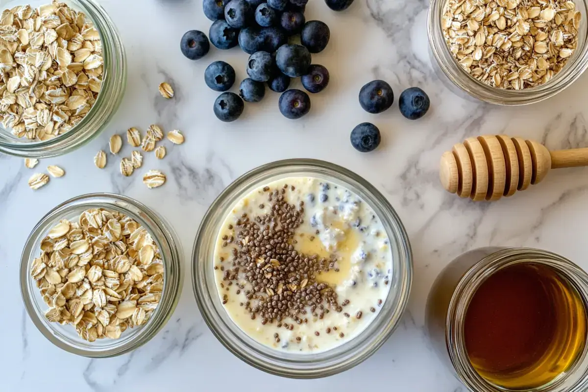 Overhead shot of a prepared overnight oats recipe in a mason jar with fresh berries on top.