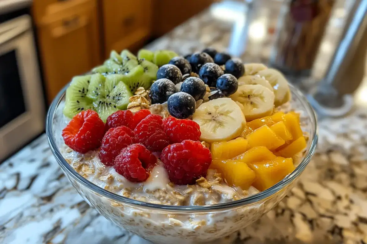 Is overnight oats healthy? Creamy oats topped with fresh fruit.