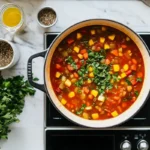 What can I add to my vegetable soup to give it more flavor? Overhead shot of a colorful, hearty soup