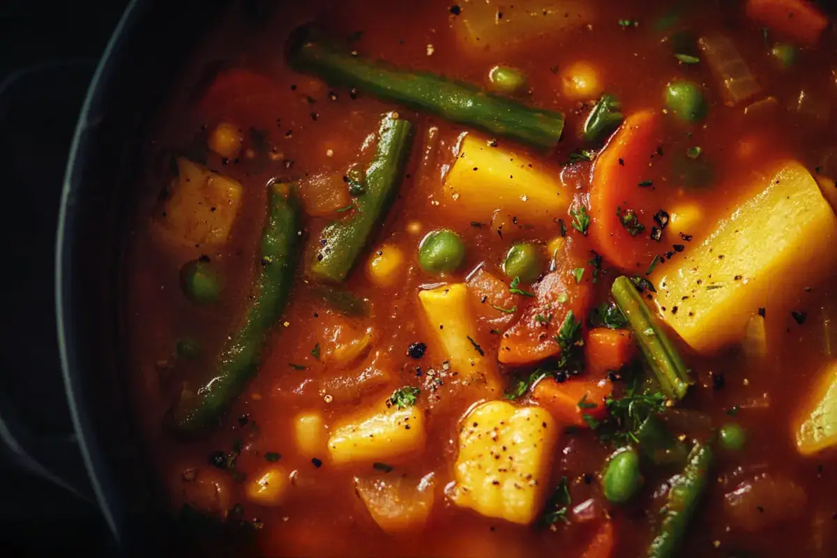 A colorful bowl of vegetable soup showing How to add depth of flavor to vegetable soup?