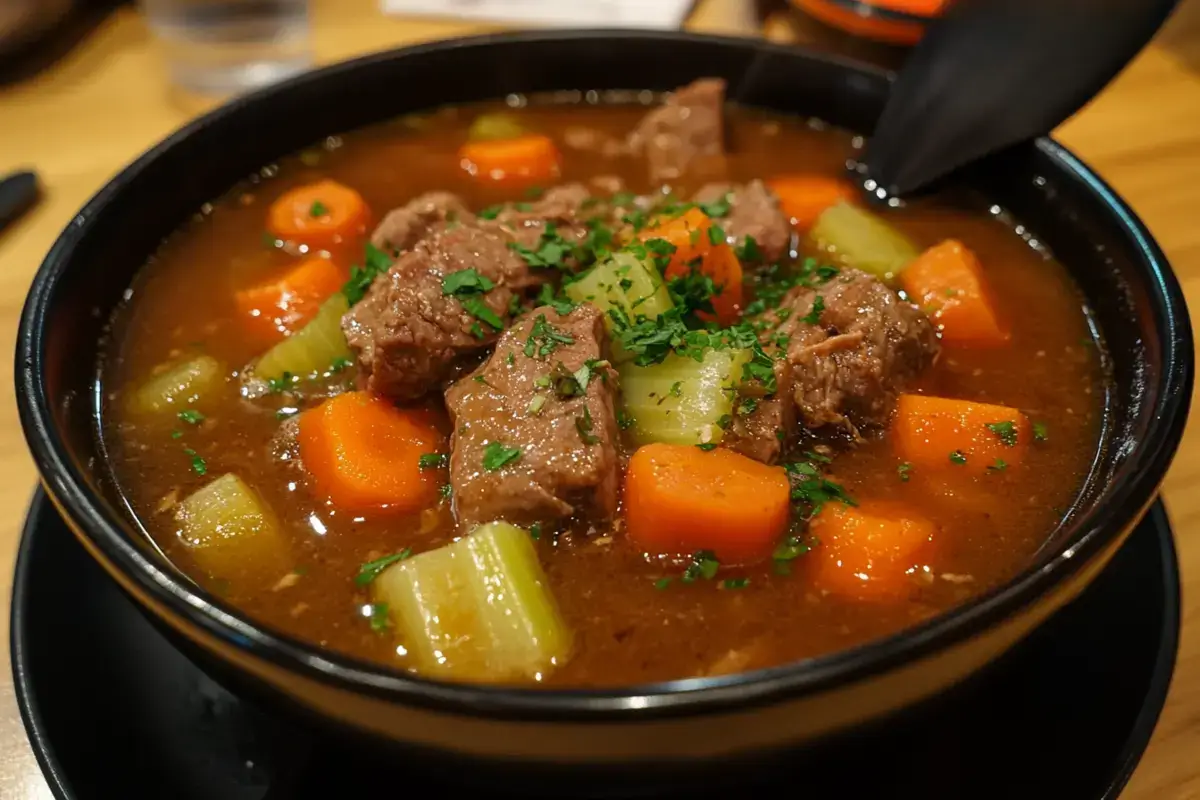 Top-down view of a hearty beef soup with vegetables in a bowl How to add more flavor to beef soup?