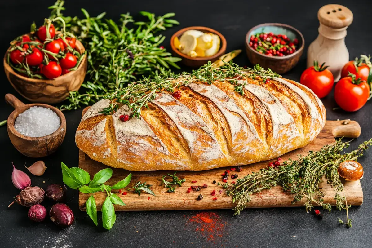 Rustic ciabatta bread displayed on a wooden board