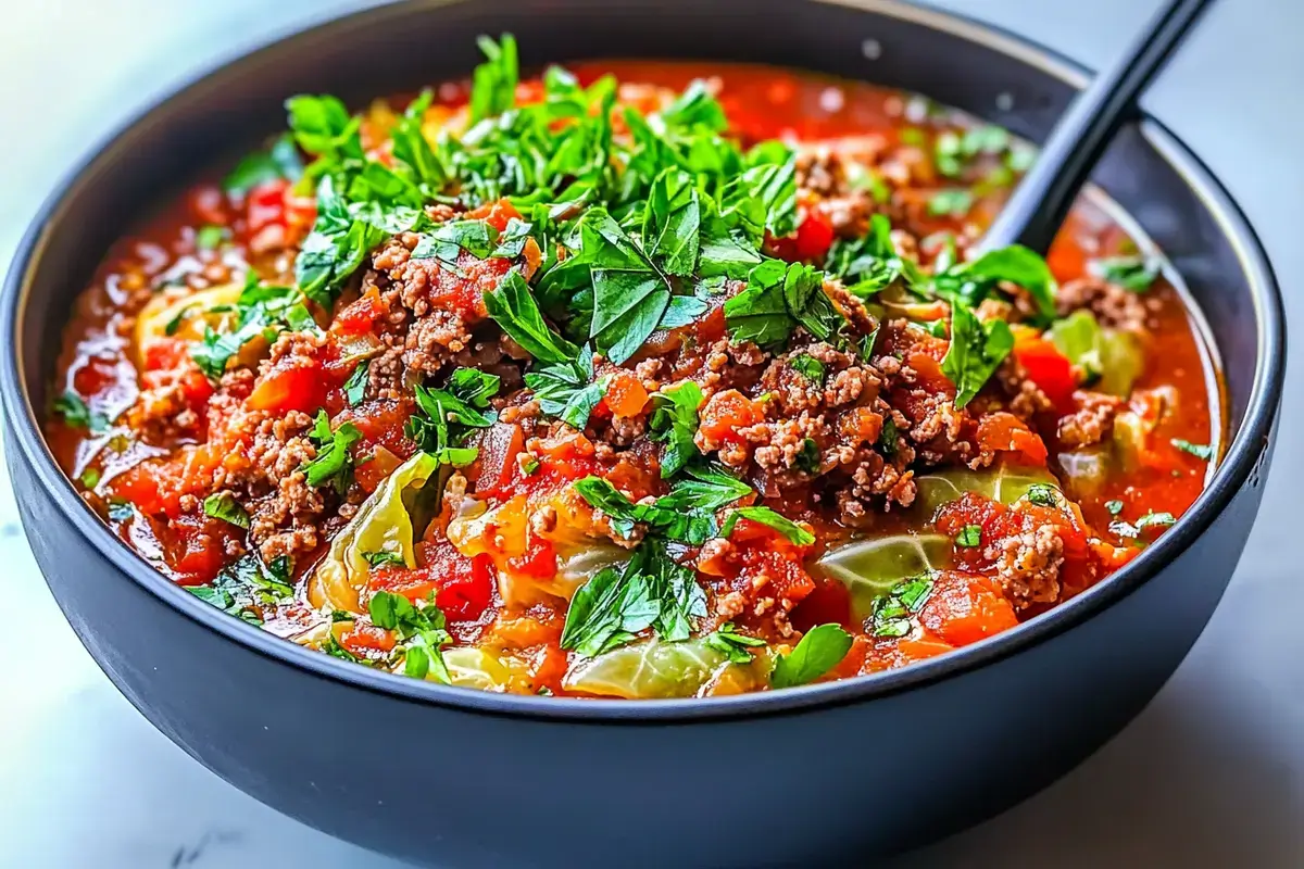 Ladle scooping cabbage roll soup recipe