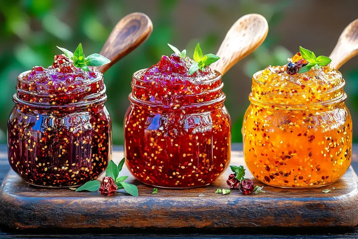 Pepper jam and pepper jelly in rustic kitchen setting