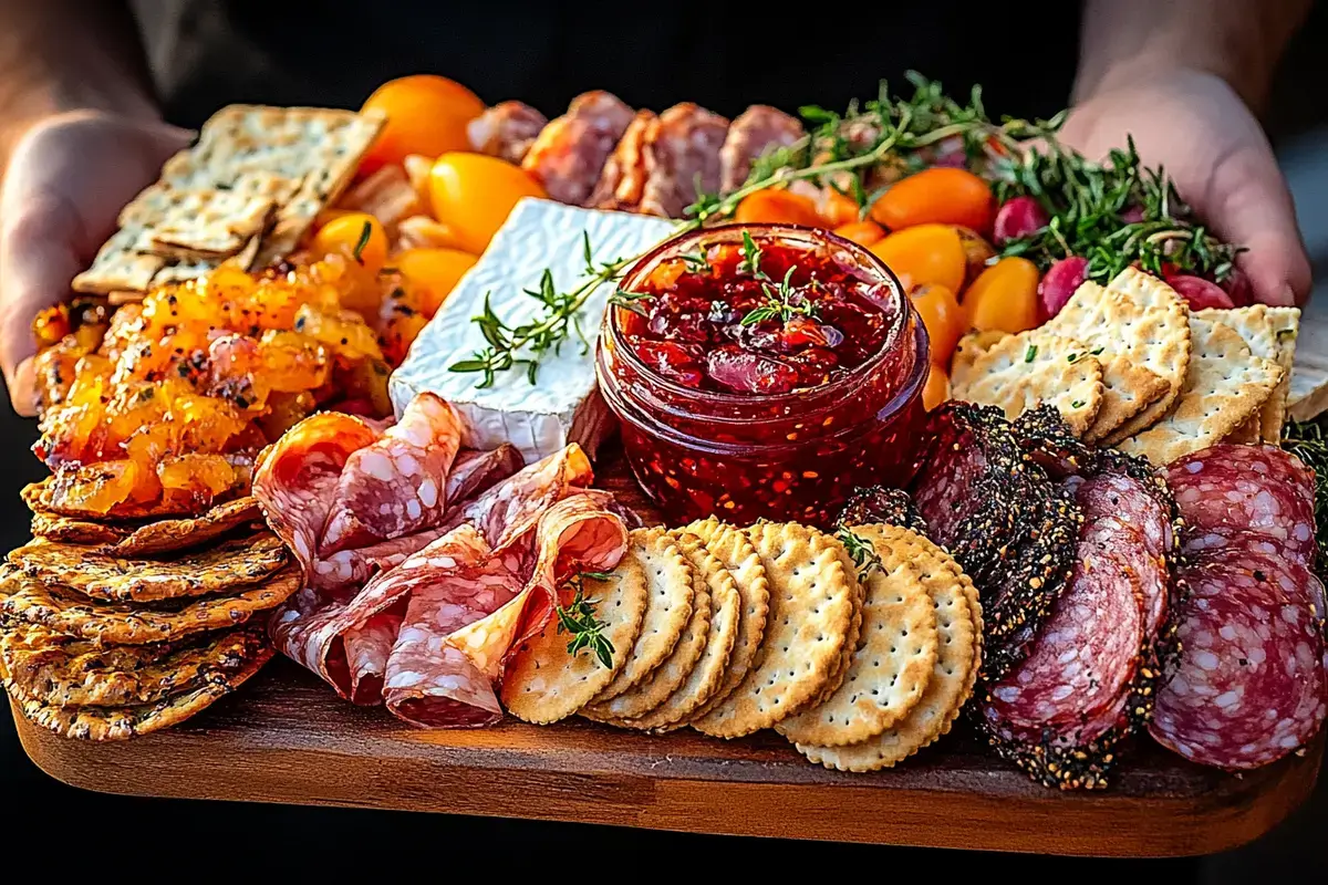 Pepper jelly pairings on a charcuterie board