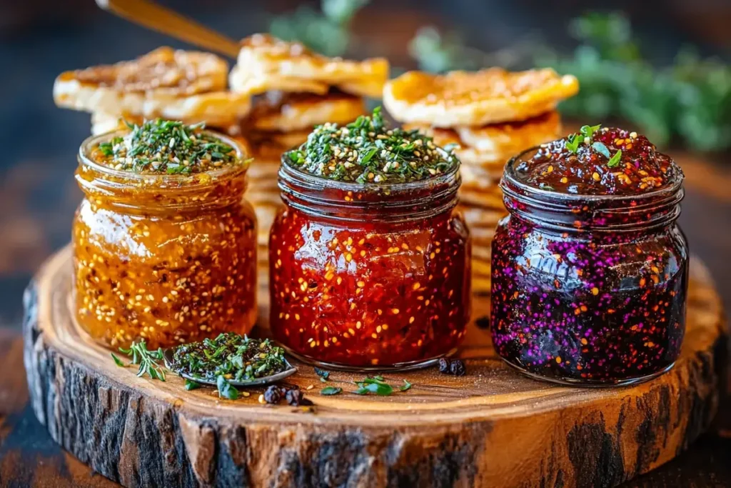 Pepper jam and pepper jelly in rustic kitchen setting