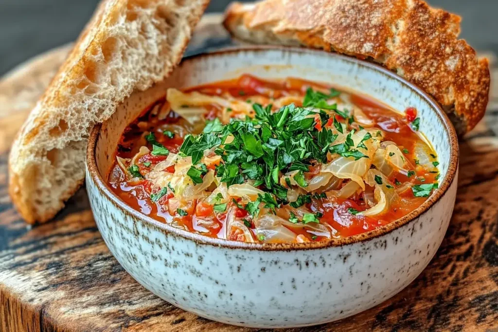 Deliciously garnished cabbage soup ready to eat