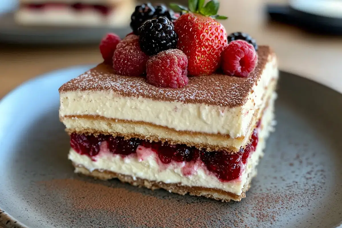 Strawberry tiramisu slice showing layered dessert