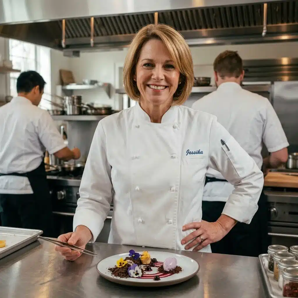 Jessika in a chef coat with a plated dessert