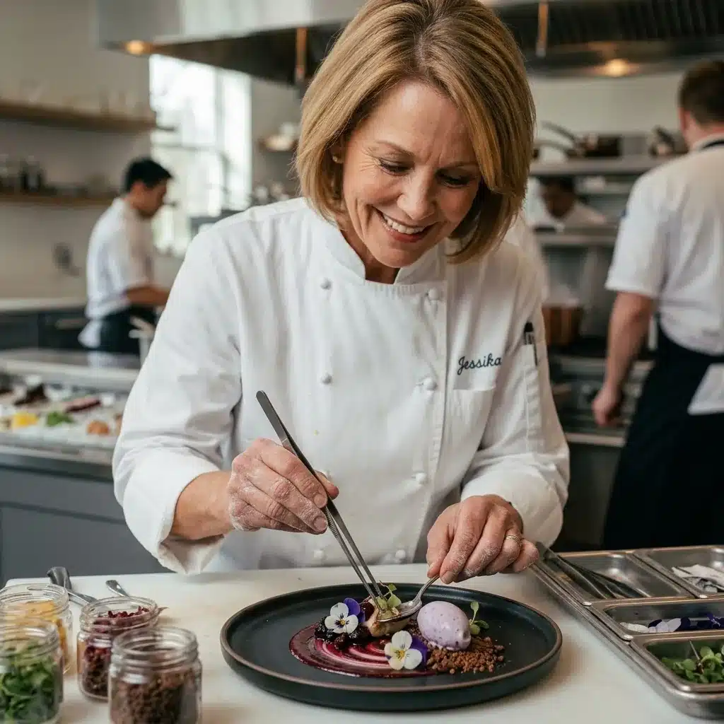 Jessika plating a dessert with tweezers